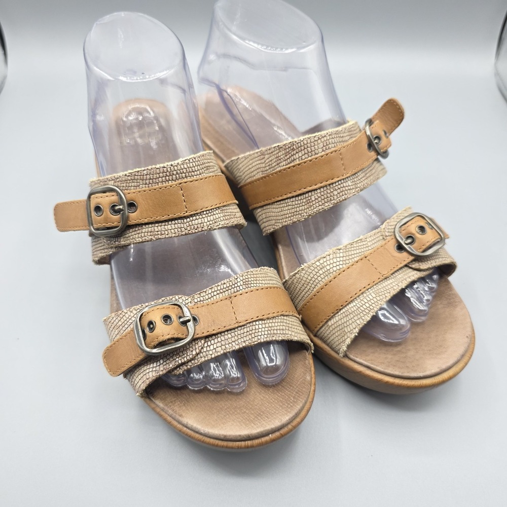 Dansko Jessie Sandals Womens 39 Brown‎ Leather Slides Strap Buckle Platform Heel